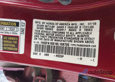 2008 Honda Civic Lx из США, поврежденный, VIN 1HGFA16518L108705